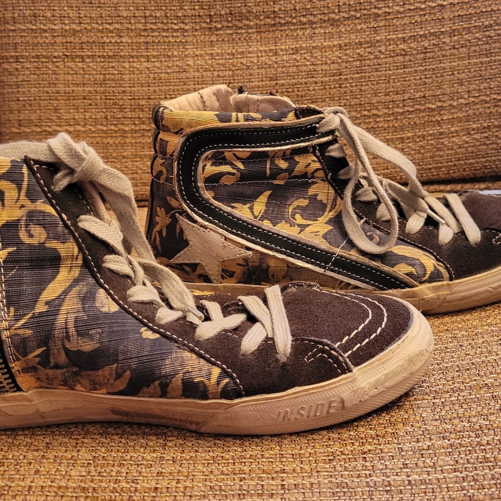 Golden Goose High-Top Slide Sneakers with Gold and Black Pattern
